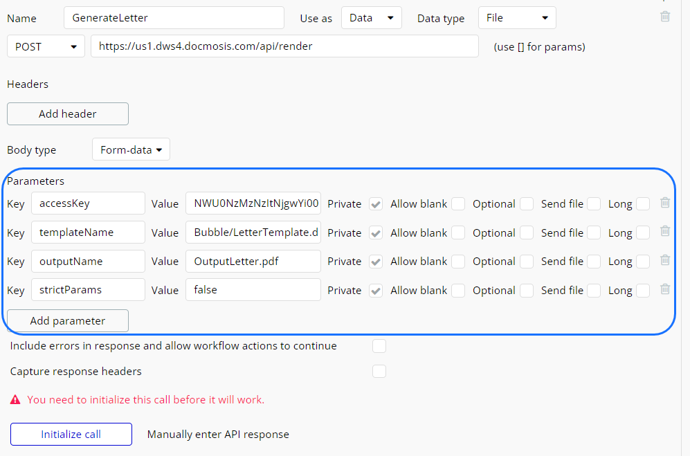 Bubble Api Connector - Call Parameters