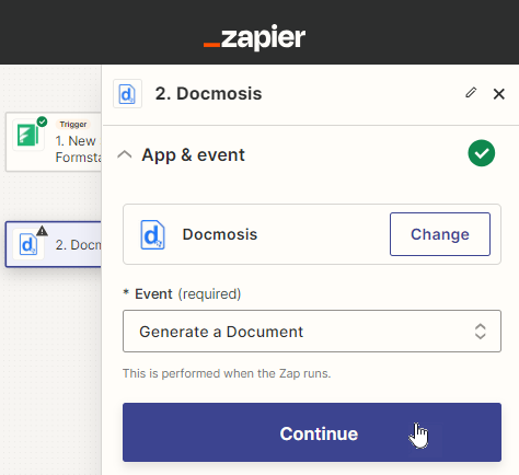 Select Generate Document as a Event in Docmosis Zapier app