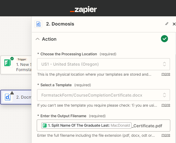 Docmosis Action Screenshot in Zapier