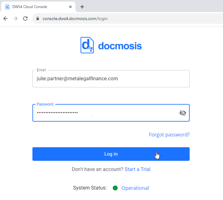 Image of a login page to DWS4 Docmosis