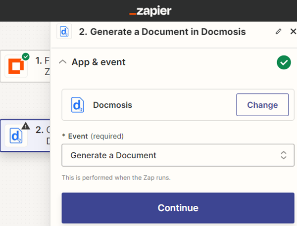 Select Generate Document as a Event in Docmosis Zapier app