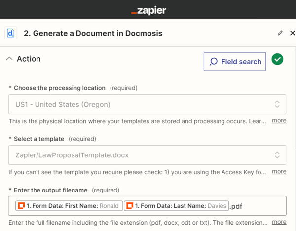 Docmosis Action Screenshot in Zapier