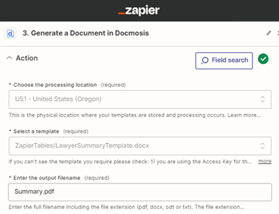 Docmosis Action Screenshot in Zapier