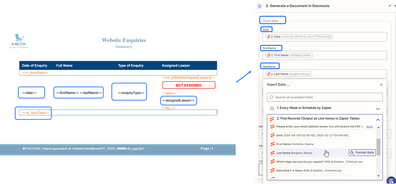 Map Zapier Tables Data in Docmosis to generate a pdf